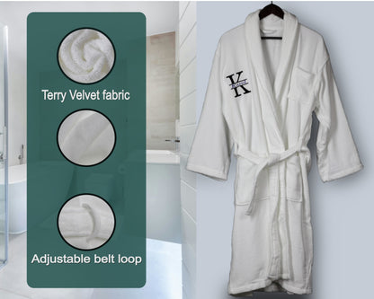 Personalized Unisex Terry Velvet Cotton Luxury Robe, Split Initial Monogram, Design 1